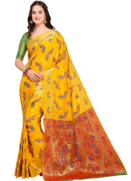 Charming Yellow Silk Jacquard Print Traditional Saree