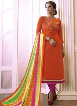 Excellent Orange Cotton Designer Embroidered work Churidar Salwar Kameez