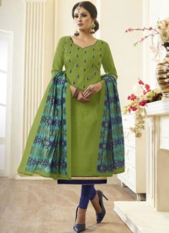 Glorious Green Cotton Embroidered Work Designer Churidar Salwar Kameez