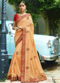 Appealing Orange Silk Designer Embroidered Work Wedding Saree