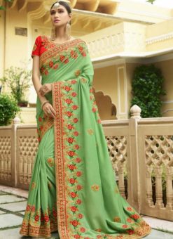 Amazing Green Silk Designer Embroidered Work Wedding Saree