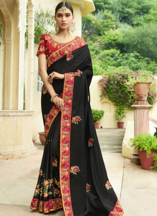 Fetching Black Silk Embroidered Work Designer Wedding Saree