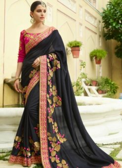Attractive Black Silk Embroidered Work Designer Wedding Saree