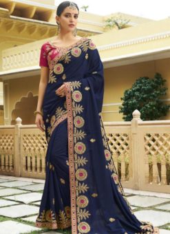 Gorgeous Navy Blue Embroidered Work Designer Wedding Saree
