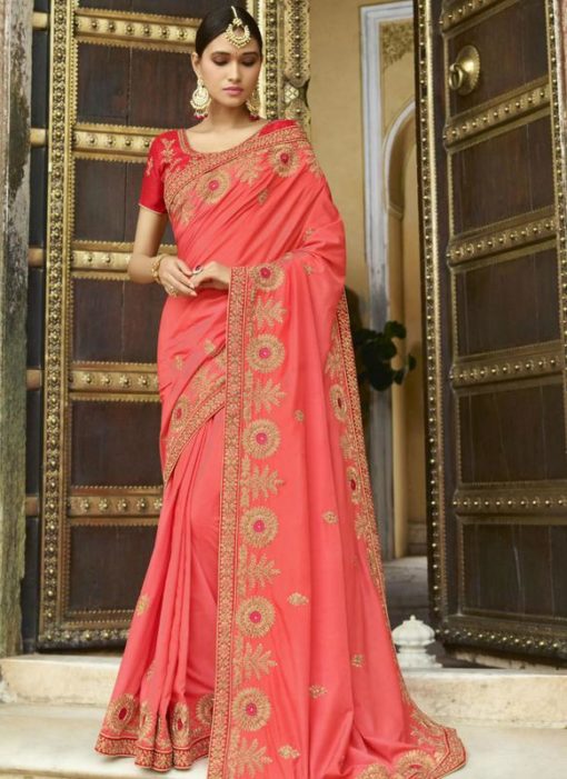 Lovely Red Silk Embroidered Work Designer Wedding Saree