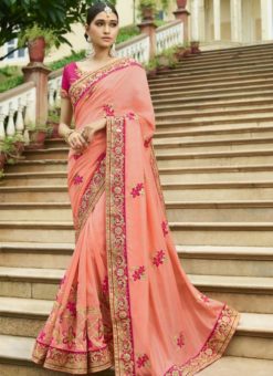 Magnificent Pink Silk Designer Embroidered Work Wedding Saree