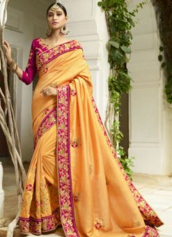 Glorious Yellow Silk Embroidered Work Designer Wedding Saree
