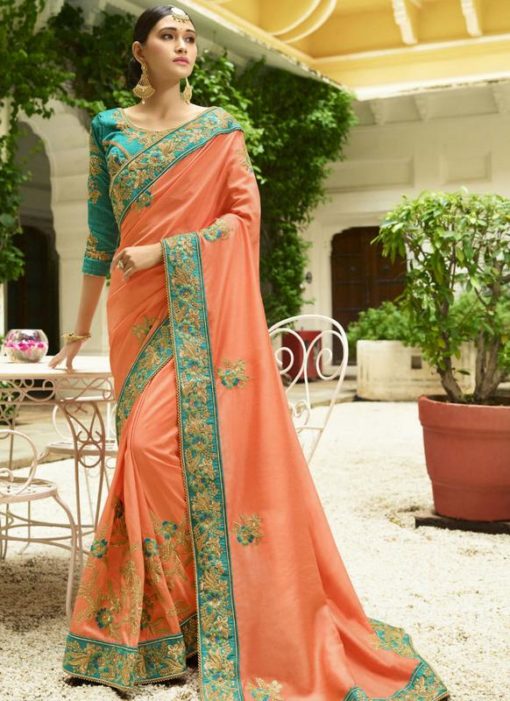 Luxurious Orange Silk Embroidered Work Designer Wedding Saree