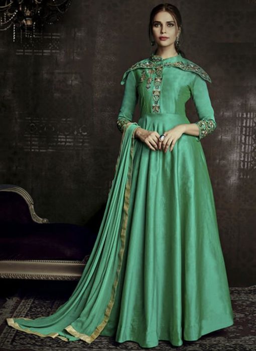 Stupendous Green Taffeta Silk Designer Embroidered Work Party Wear Anrkali Salwar Kameez