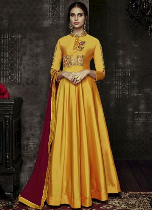 Lovable Yellow Taffeta Silk Embroidered Work Designer Anarkali Salwar Kameez