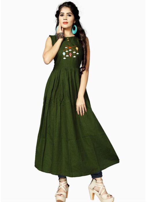 Alluring Green Rayon Cotton Party Wear Kurti