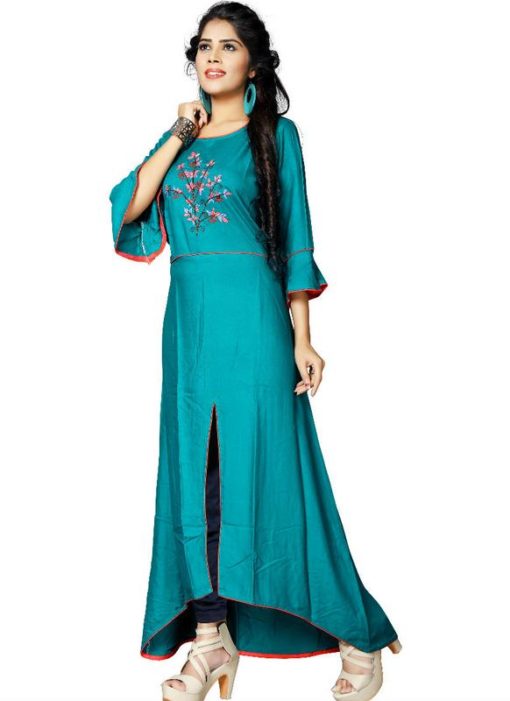 Excellent Teal Rayon Cotton Party Wear Kurti