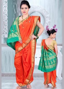 Winsome Orange Cotton Silk Zari Print Maharashtrian Nauvari Readymade Saree