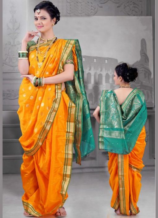 Amazing Yellow Cotton Silk Zari Print Maharashtrian Nauvari Readymade Saree