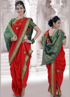 Beautiful Red Cotton Silk Zari Print Maharashtrian Nauvari Readymade Saree