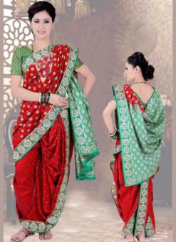 Attractive Red Cotton Silk Zari Print Maharashtrian Nauvari Readymade Saree