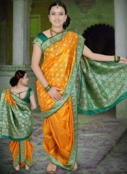 Gorgeous Orange Cotton Silk Zari Print Maharashtrian Nauvari Readymade Saree