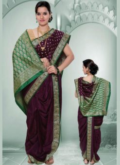 Lovely Purple Cotton Silk Zari Print Maharashtrian Nauvari Readymade Saree
