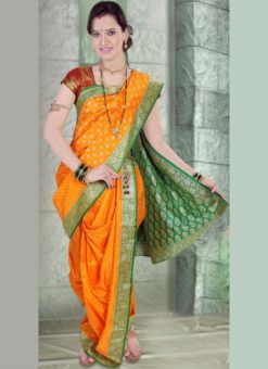 Stunning Orange Cotton Silk Zari Print Maharashtrian Nauvari Readymade Saree