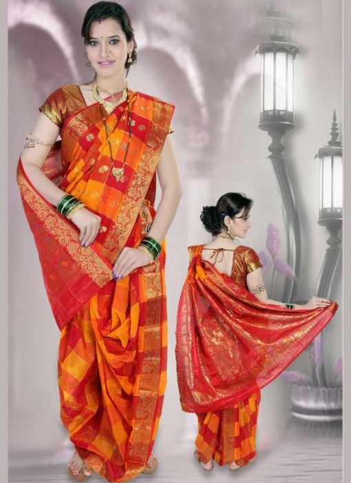 Magnificent Orange Cotton Silk Zari Print Maharashtrian Nauvari Readymade Saree