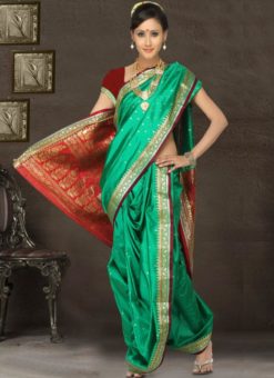 Glorious Sea Green Cotton Silk Zari Print Maharashtrian Nauvari Readymade Saree
