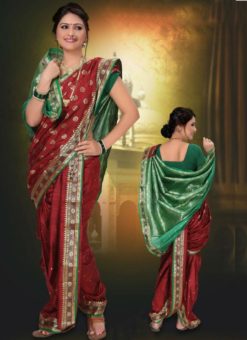 Luxurious Marron Cotton Silk Zari Print Maharashtrian Nauvari Readymade Saree