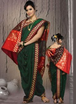 Stylish Green Cotton Silk Zari Print Maharashtrian Nauvari Readymade Saree