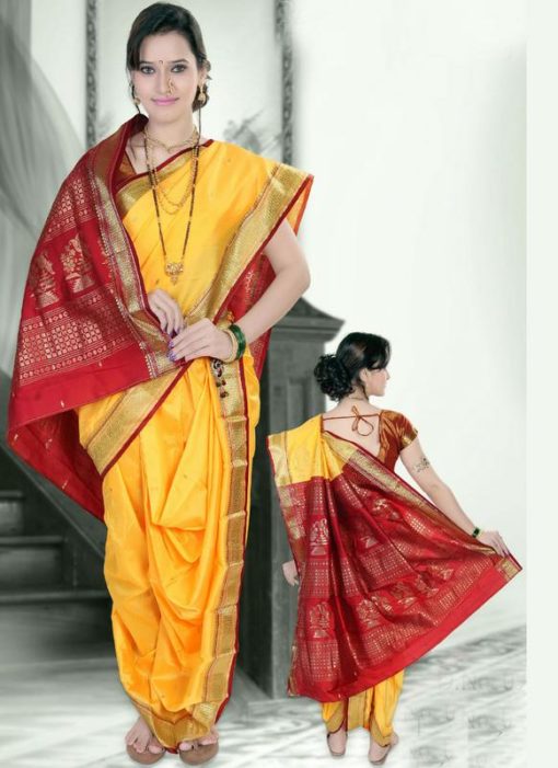 Winsome Yellow Cotton Silk Zari Print Maharashtrian Nauvari Readymade Saree