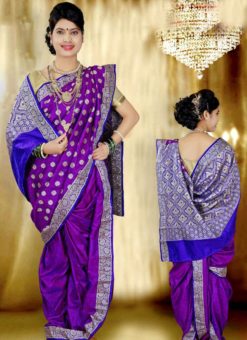 Gorgeous Blue Cotton Silk Zari Print Maharashtrian Nauvari Readymade Saree