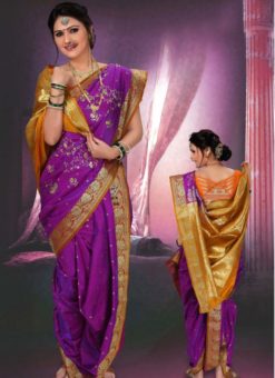 Stunning Purple Cotton Silk Zari Print Maharashtrian Nauvari Readymade Saree