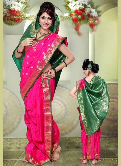 Charming Pink Cotton Silk Zari Print Maharashtrian Nauvari Readymade Saree
