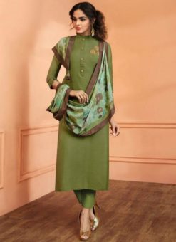 Splendid Green Silk Designer Party Wear Straight Salwar Kameez
