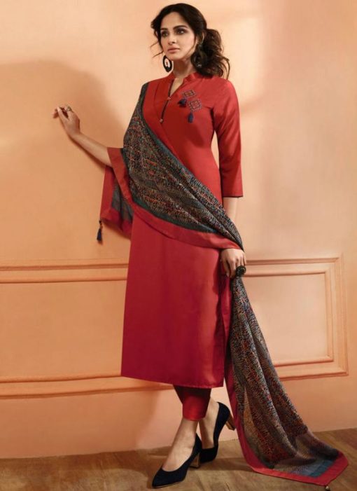 Attractive Red Silk Party Wear Designer Straight Salwar Kameez
