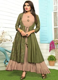 Lovely Beige And Green Rayon Cotton Printed Designer Kurti
