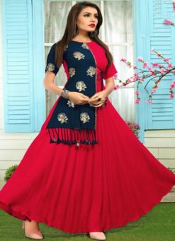 Attractive Pink And Navy Blue Rayon Cotton Printed Designer Kurti