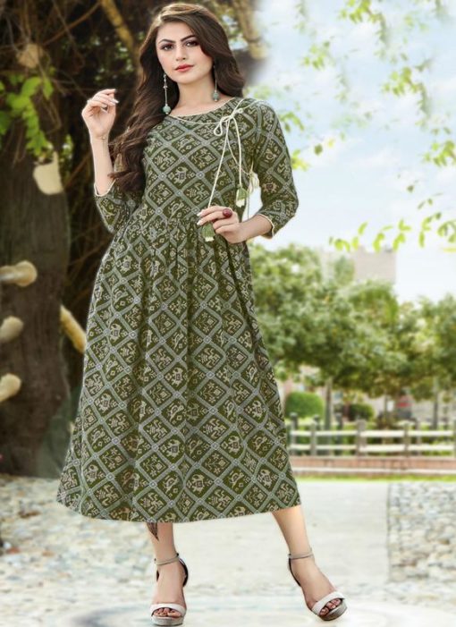 Attractive Grey And Green Rayon Cotton Printed Party Wear Kurti