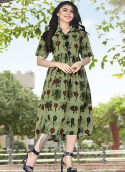 Excellent Green Rayon Cotton Printed Party Wear Kurti