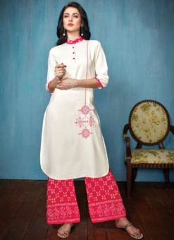 Off White And Pink Rayon Cotton Printed Casual Wear Salwar Kameez