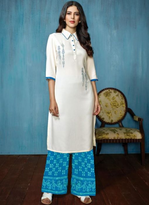 Off White And Blue Rayon Cotton Printed Casual Wear Salwar Kameez