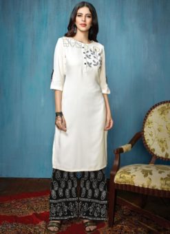 Off White And Black Rayon Cotton Printed Casual Wear Salwar Kameez