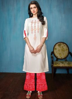 Off White And Red Rayon Cotton Printed Casual Wear Salwar Kameez