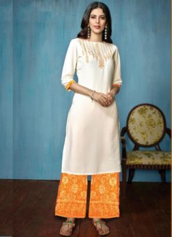 Off White And Yellow Rayon Cotton Printed Casual Wear Salwar Kameez