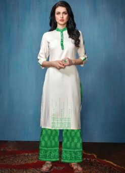 Off White And Green Rayon Cotton Printed Casual Wear Salwar Kameez