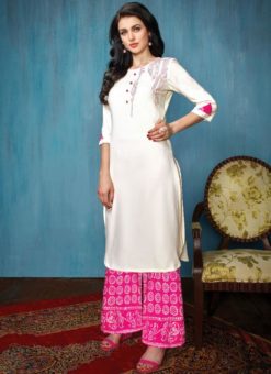 Off White And Pink Rayon Cotton Printed Casual Wear Salwar Kameez