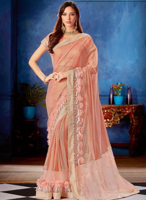 Excellent Pink Lycra Net Fancy Lace Border Designer Saree