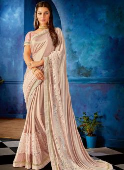 Charming Pink Lycra Fancy Lace Border Designer Saree