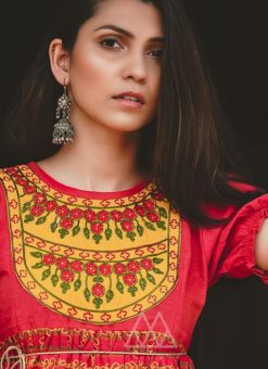 Stupendous Red Khadi Embroidered Work Traditional Kediya Suit