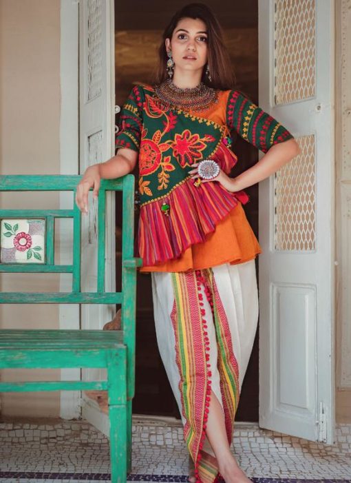Elegant Orange And Green Khadi Embroidered Work Traditional Kediya Suit