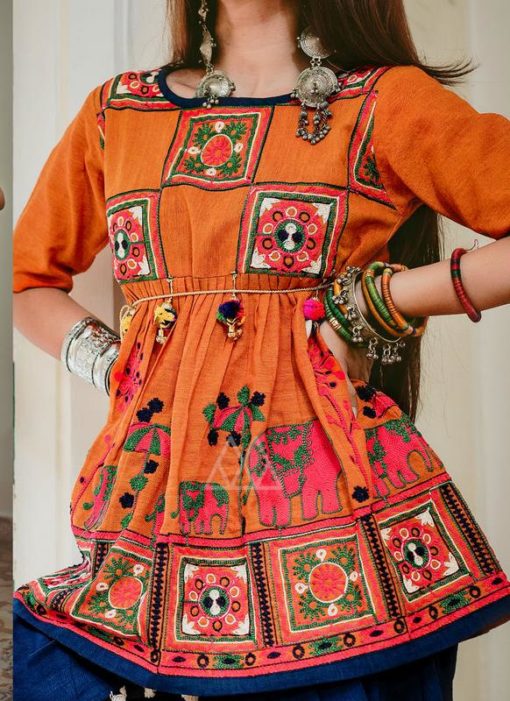 Alluring Orange Khadi Embroidered Work Traditional Kediya Suit