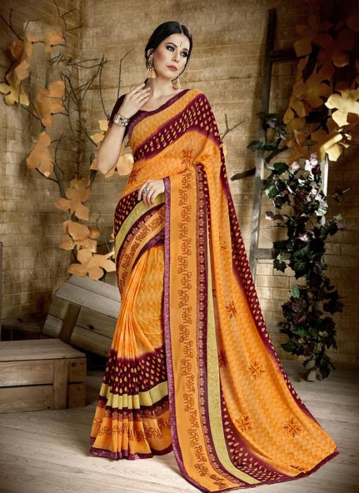 Palak Treditional Yellow  and Brown Party Wear Saree